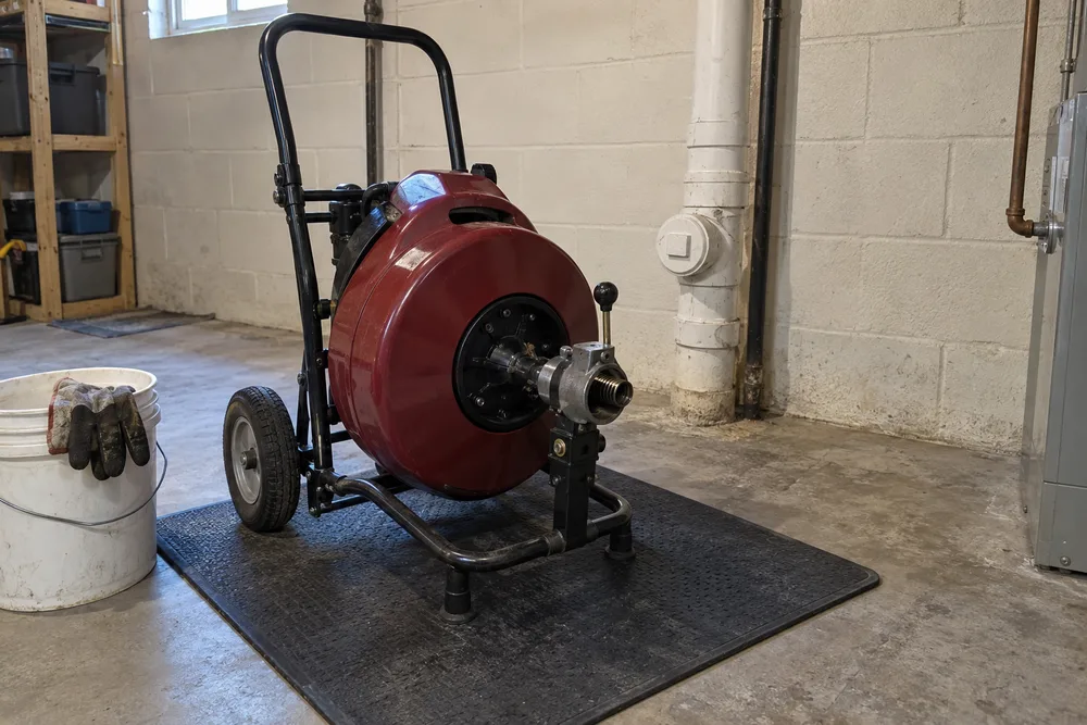 Drain-rodding machine beside a closed cleanout